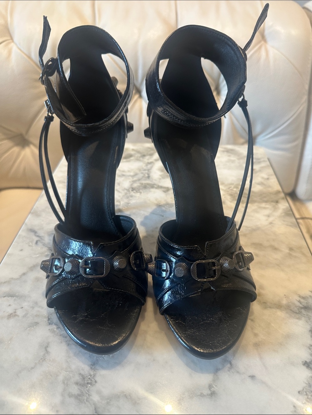 Black Strappy High Heel Sandals with Buckle Detail